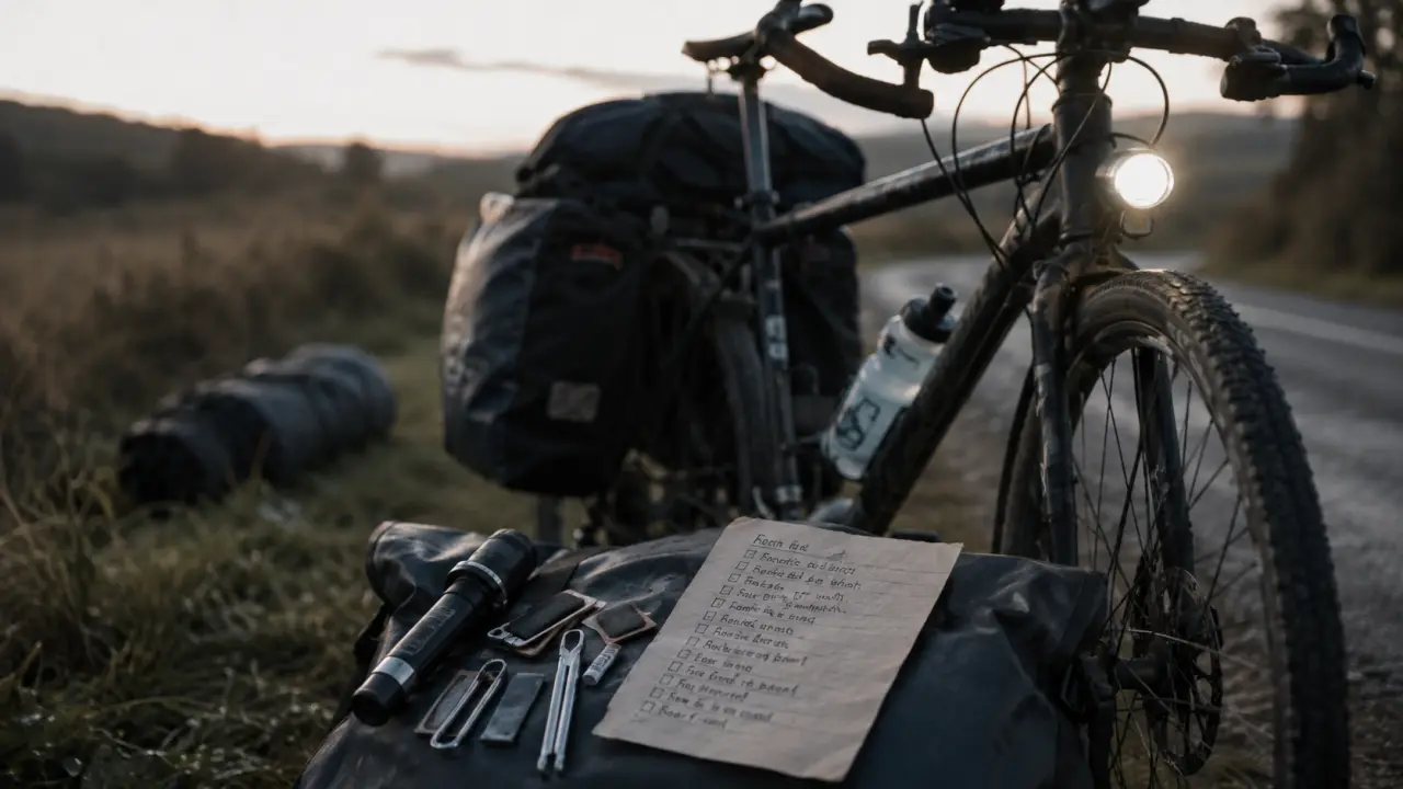Équipement cyclotourisme : vélo de trekking chargé avec outils et gourde accessible