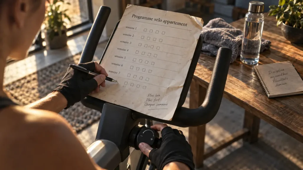 8 semaines pour passer de 25 à 60 minutes sur vélo d’appartement, avec un PDF imprimable