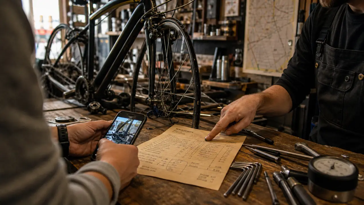 Réparation de vélos : mécanicien présente un devis en atelier