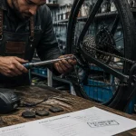 Vélociste ajuste une dérailleur sur un vélo électrique en atelier