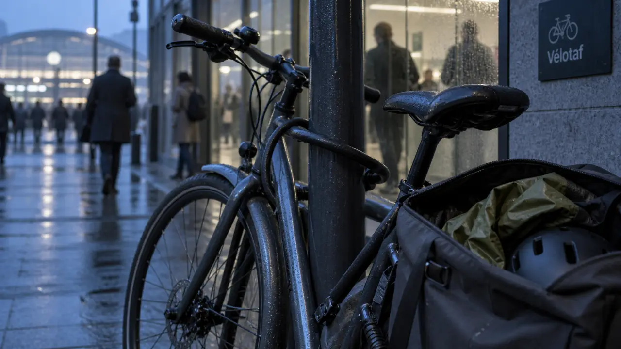 Velotaf : vélo urbain devant immeuble de bureaux, trajet domicile-travail