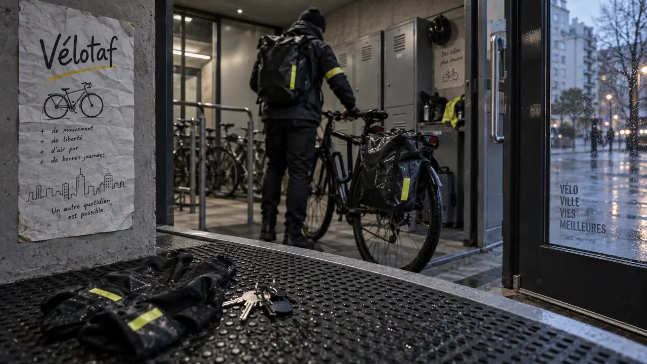 Vélotafeur gare son vélo sous la pluie, trajet domicile-travail