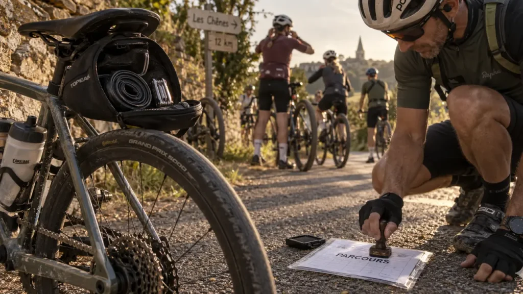Courses en velo : départ sur route de campagne, vélo et parcours