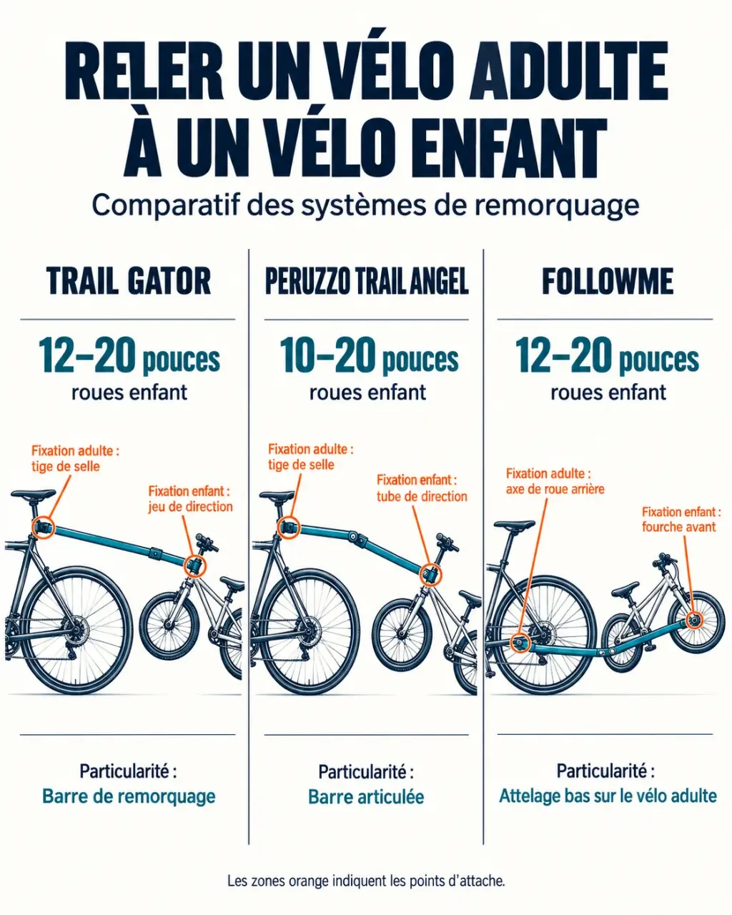 Infographie comparative d’une barre pour tracter un velo enfant avec les systèmes Trail Gator, Trail Angel et FollowMe
