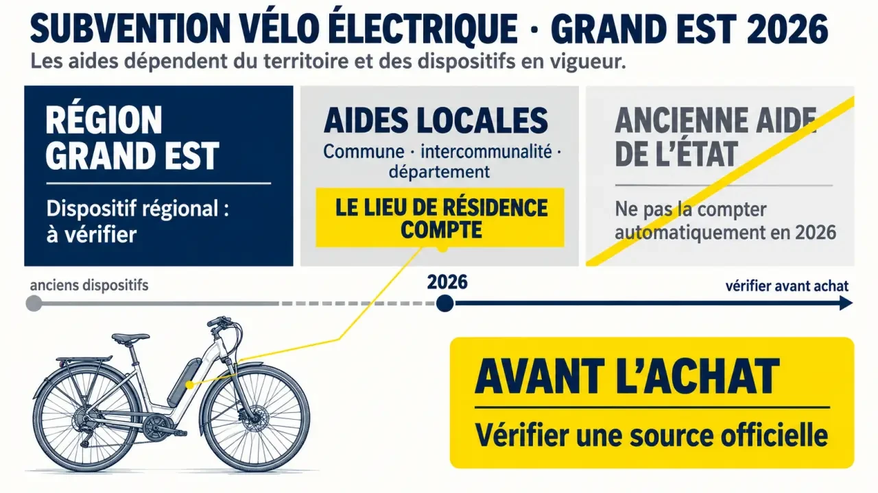 Infographie sur la subvention vélo électrique Grand Est 2026 et les aides locales à vérifier