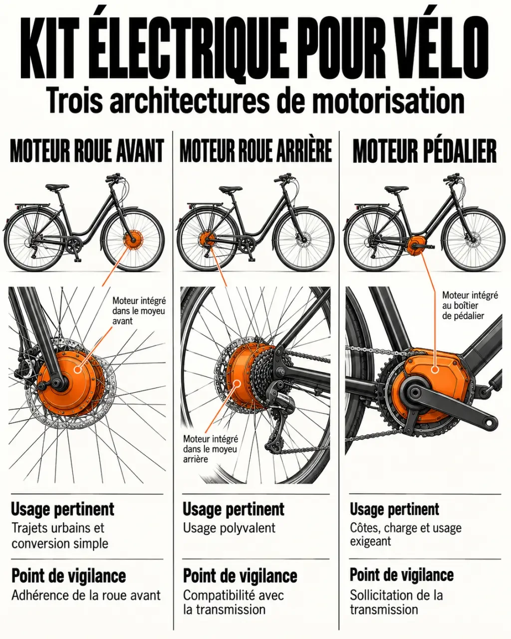 Kit électrique pour vélo : comparaison des moteurs roue avant, roue arrière et pédalier