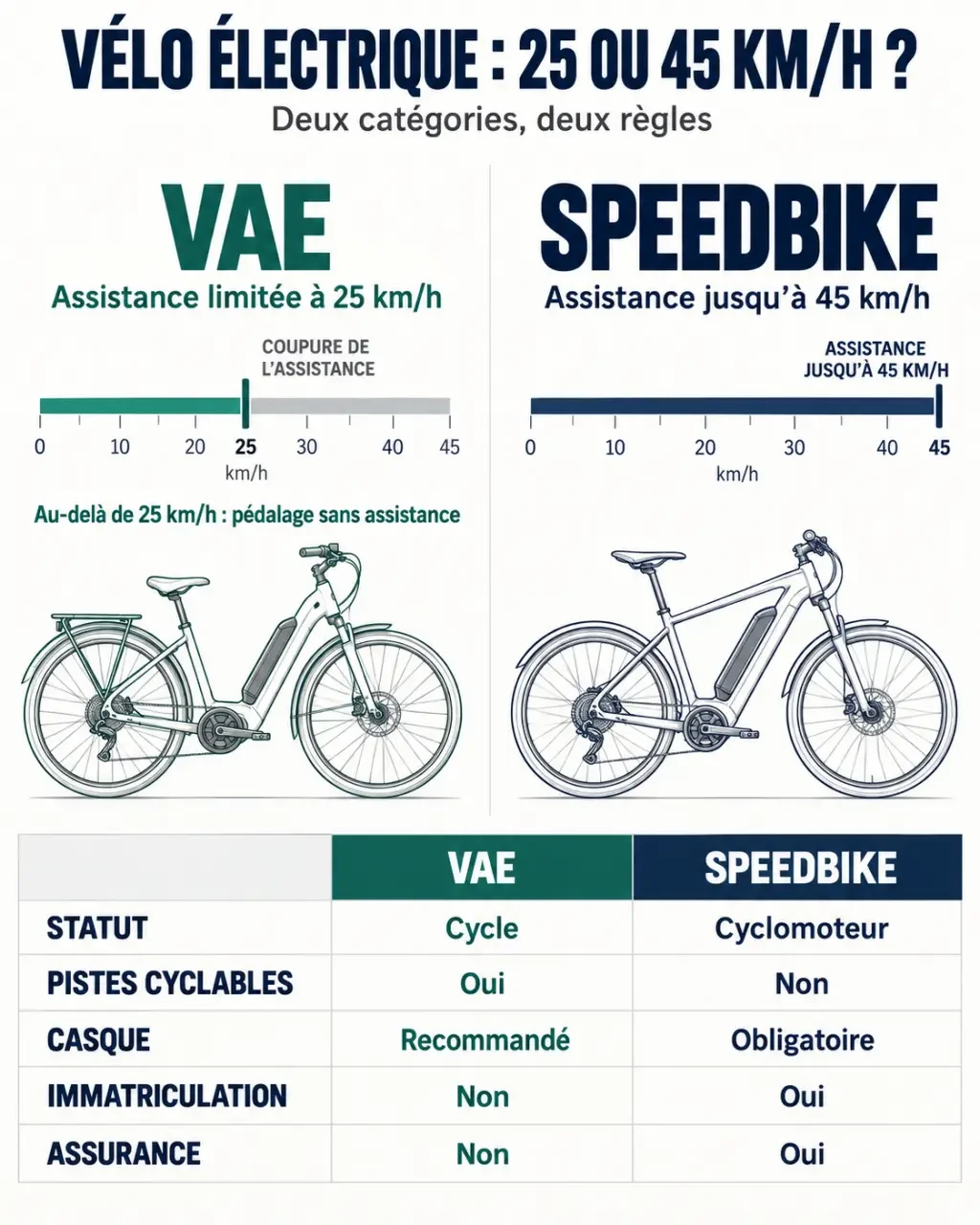 Infographie sur la vitesse d'un vélo électrique : différence entre VAE à 25 km/h et speedbike à 45 km/h