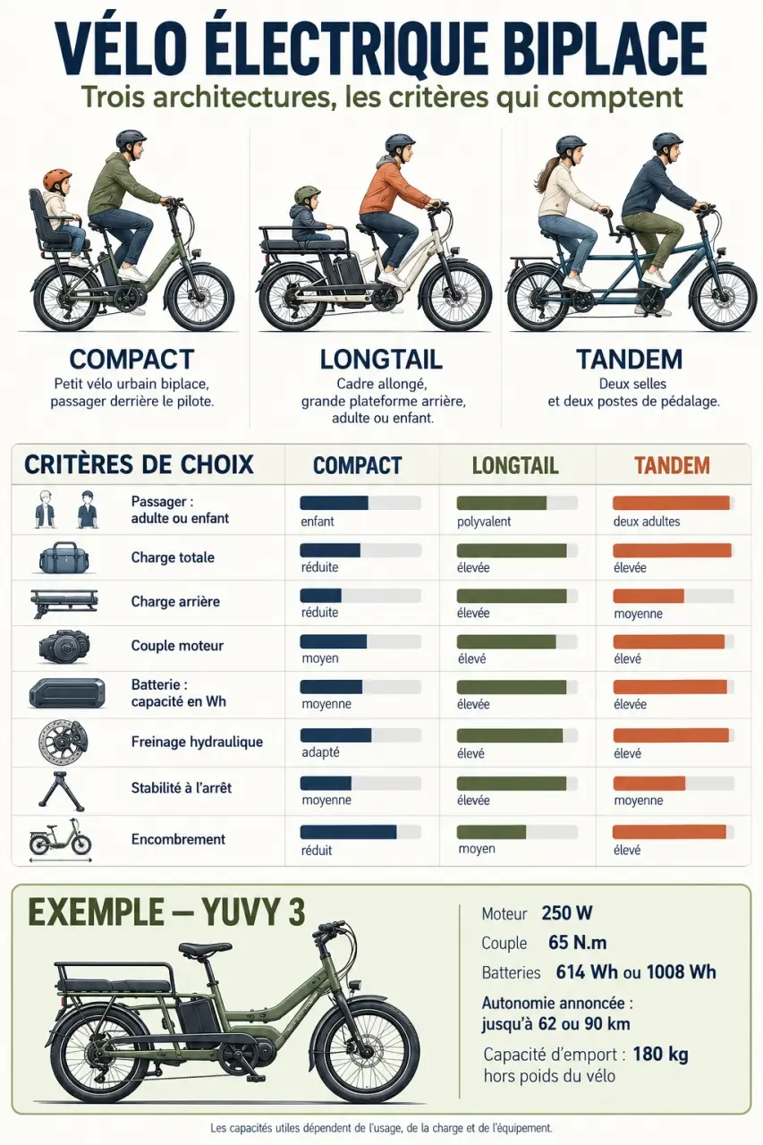 Infographie comparative sur le vélo électrique biplace, ses critères techniques et l’exemple du Yuvy 3