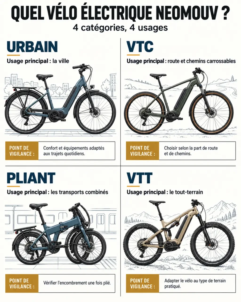 Infographie des catégories de vélo électrique NEOMOUV : urbain, VTC, pliant et VTT