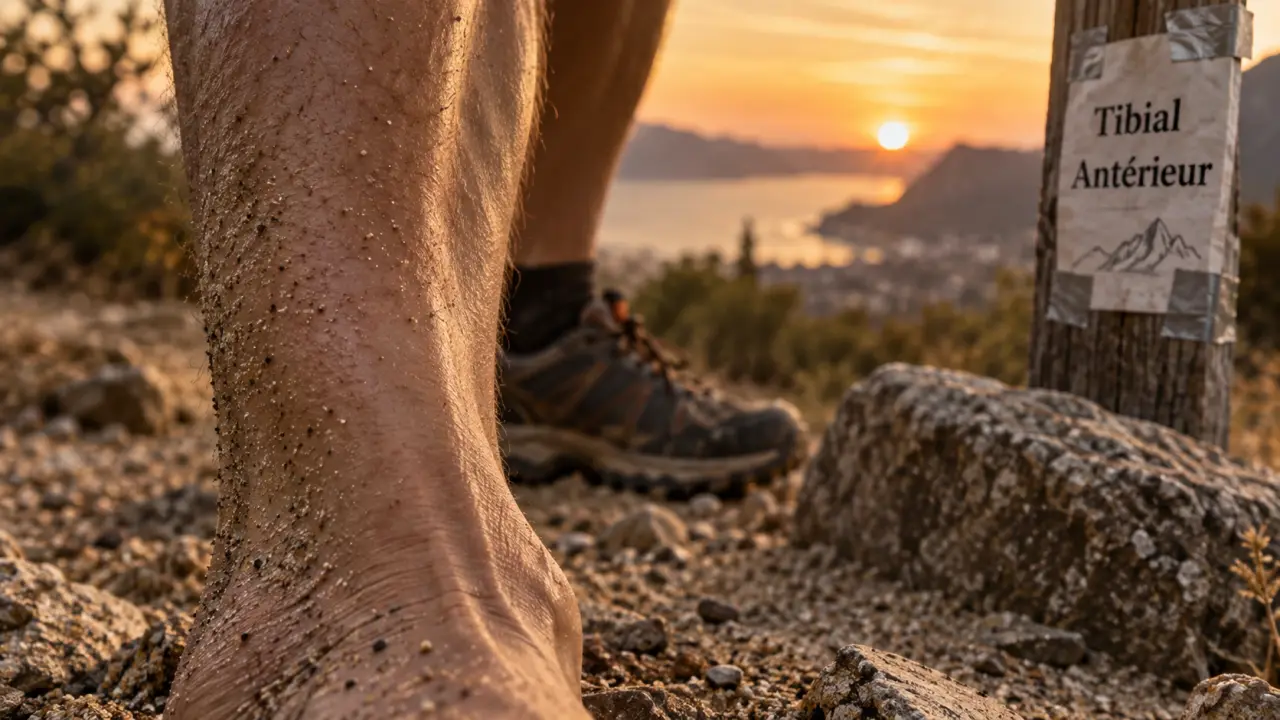 Muscle tibial anterieur, tibia et tendon visibles sous la peau
