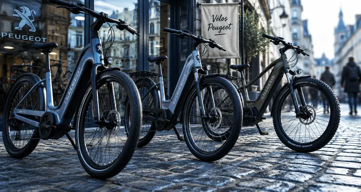 Vélo électrique Peugeot : trois modèles devant une vitrine